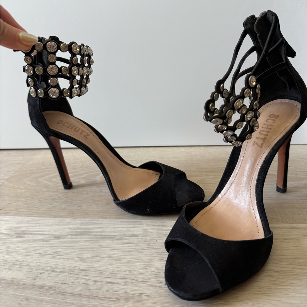SCHUTZ Black Leather Rhinestone Heels Size 5.5